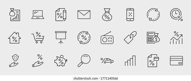 Set of Credit and Loan Related Vector Line Icons. Contains such Icons as Credit Card, Rate Calculator, Deposit and more. Editable Stroke. 32x32 Pixels