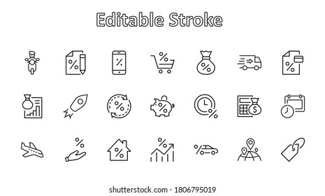 Set of Credit and Loan Related Vector Line Icons. Contains such Icons as Credit Card, Rate Calculator, Deposit and more. Editable Stroke. 32x32 Pixels
