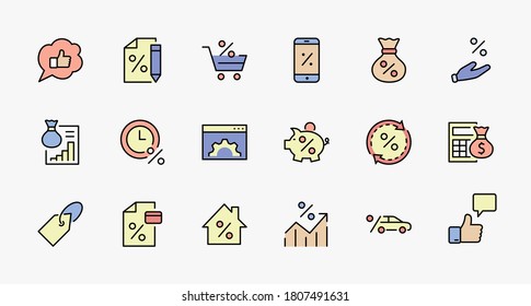 Set of Credit and Loan Related Vector Line Icons. Contains such Icons as Credit Card, Rate Calculator, Deposit and more. Editable Stroke. 320x320 Pixel Perfect
