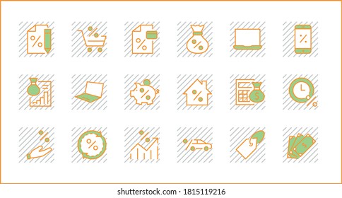 Set of Credit and Loan Related Vector Line Icons. Contains such Icons as Credit Card, Rate Calculator, Deposit and more. Editable Stroke. Pixel Perfect