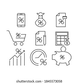 Set of Credit and Loan Related Vector Line Icons. Contains such Icons as Credit Card, Rate Calculator, Deposit and more. Editable Stroke.