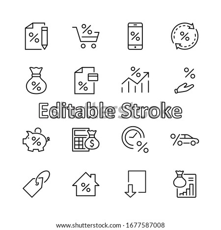 Set of Credit and Loan Related Vector Line Icons. Contains such Icons as Credit Card, Rate Calculator, Deposit and more. Editable Stroke. 32x32 Pixels