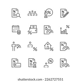 Conjunto de íconos relacionados con la calificación crediticia, hipotecas, avalistas, construcción bancaria y vectores de variedad lineal.
