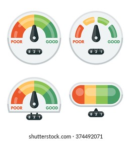 Set of credit score indicators and gauges. Measurement level, display pressure, minimum and maximum vector illustration