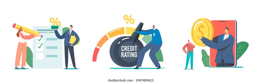 Set Credit Score Rating Based on Debt Reports Showing Creditworthiness or Risk of Individuals for Loan, Mortgage and Payment. Bank Evaluate Characters for Credit. Cartoon People Vector Illustration