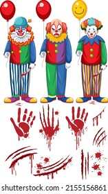 Set of creepy clown characters and elements illustration