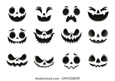Set of creepy and fun Halloween pumpkin faces in black and white, ideal for October celebrations and creative projects. Vector cartoon illustration