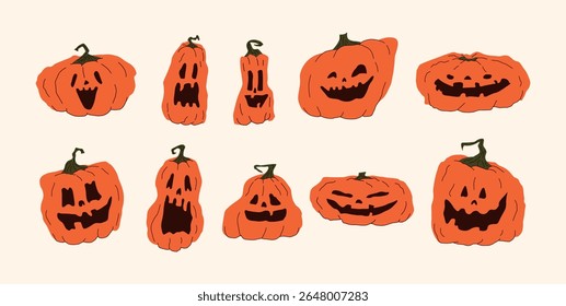 Set of Creepy and Funny Jack o Lantern Pumpkin Faces. Halloween Emotion Expressions. Scary, Angry, Smiling, Laughing Carved Pumpkins. Flat Graphic Vector Illustration. Isolated on White Background