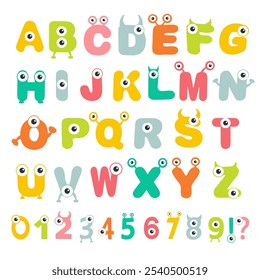 Eine Reihe von gruseligen lustigen Monstern Alphabet. Schriftdesign für Kinder. Vektorgrafik des ABC-Banners mit Zahlen für Vorschul-, Kindergarten- oder Kindergartenkinder, um Buchstaben zu lernen.