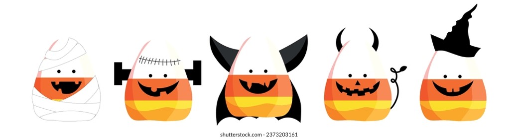 Set of creepy Halloween corn candies on white background