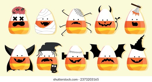 Set of creepy Halloween corn candies on light yellow background