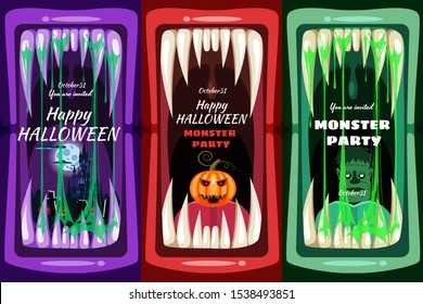 Set Creepy Halloween party banners scary monster character teeth jaw in mouth spittle closeup dark castle pumpkins head Zombie cemetery. Vector scary illustration invitation flyer template