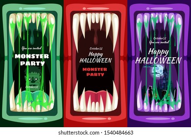 Set Creepy Halloween party banners scary monster character teeth jaw in mouth spittle closeup dark castle head Zombie cemetery. Vector scary illustration invitation flyer template