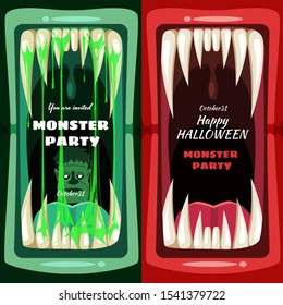 Set Creepy Halloween party banners scary monster character teeth jaw in mouth spittle closeup head Zombie. Vector scary illustration invitation flyer template