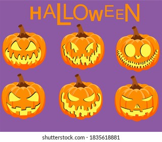 set of creepy halloween pumpkin emoticons expression stickers. halloween vector image illustration