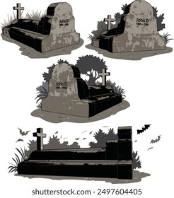 A set of creepy, old Christian graves isolated on white background.