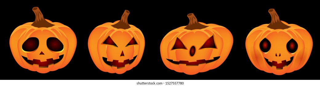 Set of creepy pumpkins on black background. The main symbol of the Happy Halloween holiday. Orange pumpkin with frightful smile for your design for the holiday Halloween. Vector illustration.