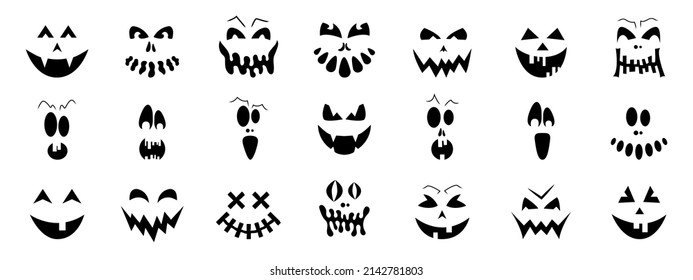 Set of creepy, scary emotions, emojis for Halloween. Face design for festive pumpkins. Icons of frightening facial expressions. Symbols of the holiday. An evil smile. Vector illustration