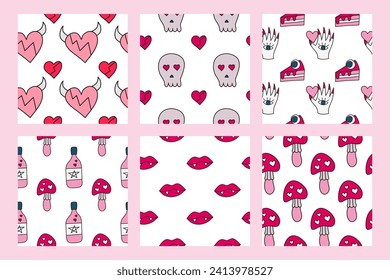 Set of creepy seamless patterns with doodle witch hands, sculls, hearts, eyes, hands, lips, mushrooms and cakes. Scary Valentines day backgrounds.