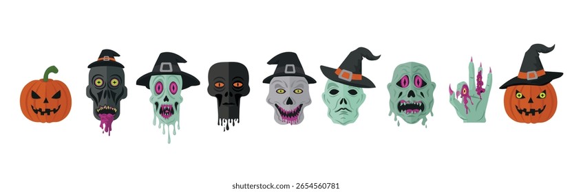 Um conjunto de ícones assustadores, decolados, estranhos e cartonados de Halloween com cabeças de zumbis, bruxas, crânios, abóboras assustadoras, mão de monstro. Perfeito para convites de festa, decoração ou desenhos sazonais. Vetor .