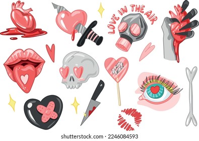 Set Creepy Valentine clipart, Spooky Valentine, Pastel Goth digital stickers, Alternative Valentine day vector EPS10