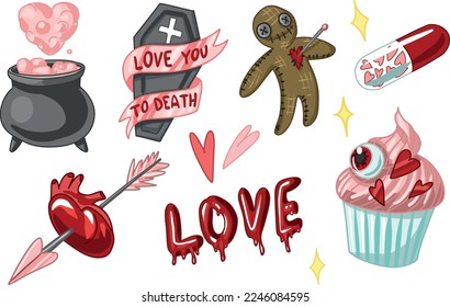 Set Creepy Valentine clipart, Spooky Valentine, Pastel Goth digital stickers, Alternative Valentine day vector EPS10