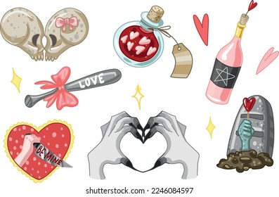 Set Creepy Valentine clipart, Spooky Valentine, Pastel Goth digital stickers, Alternative Valentine day vector EPS10