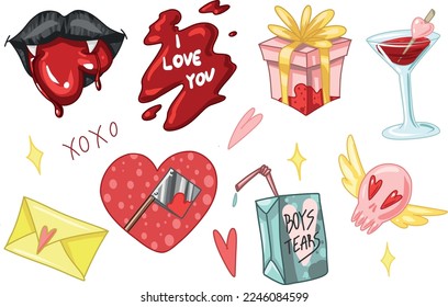 Set Creepy Valentine clipart, Spooky Valentine, Pastel Goth digital stickers, Alternative Valentine day vector EPS10