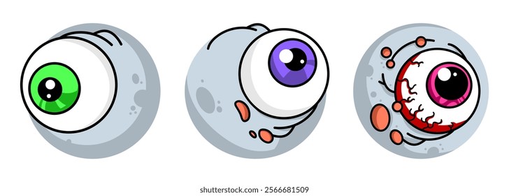 Set of creepy zombie eyeballs illustration. Design elements for Halloween and Horror. Vector illustration isolated on white background.