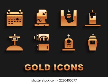 Set Crematorium, Burning candle, Funeral, Grave with tombstone, cross, Coffin grave, Calendar death and Old icon. Vector