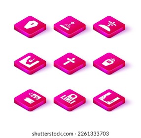 Set Crematorium, Grave with tombstone, Coffin in grave, Christian cross, Cemetery digged hole, Funeral urn,  and  icon. Vector