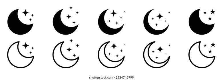 Set of crescent moon icon collection with sparkle stars. Half moon stars. night or dark mode symbol. Vector Illustration.