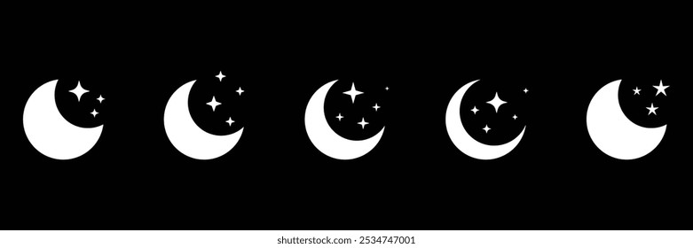 Conjunto de colección de icono de luna creciente con estrellas brillantes. Estrellas de media luna. Símbolo de modo nocturno u oscuro. Ilustración vectorial.