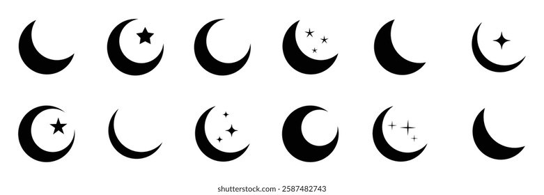 Set of crescent moon icon collection. crescent designs with stars with sparkle stars. Half moon stars. spiritual designs, or astronomical projects. 