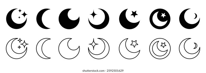 Set of Crescent moon icon collection. Moon with stars, Half moon, Half moon symbol. Vector Illustration.