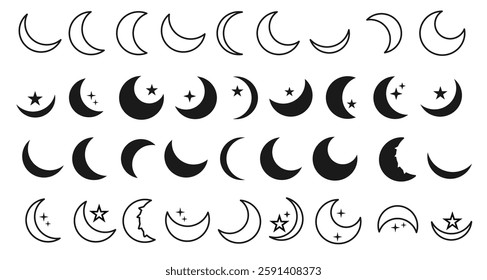 set of Crescent moon icon vector. crescent moon designs with stars illustration collection. astronomical spiritual islamic icons designs.