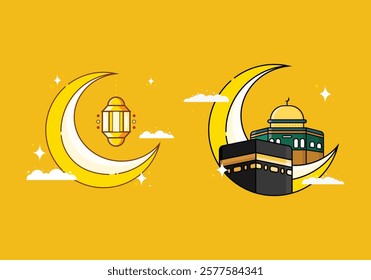 set of crescent moon, kaaba, and al aqsa mosque icons. vector illustration. can be used for banners, backgrounds, and social media purposes