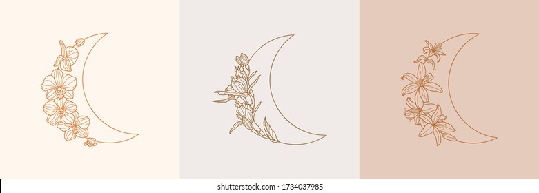 Set of Crescent moon of orchid and Lily flowers in trendy linear minimal style. Vector floral outline emblems for for jewelry stores, handmade masters, cosmetics, Spa, beauty and tattoo salon