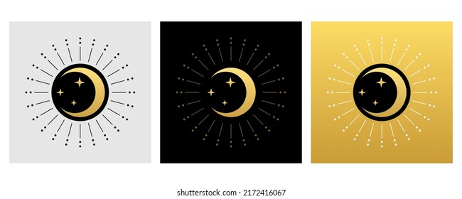 Set crescent moon with stars on black circle ang moonlight ray magic on light gray with black and golden background boho vector design