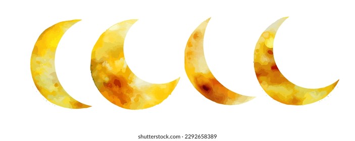 Conjunto de acuarela de luna creciente aislada sobre fondo blanco. Resumen medio lunar con el símbolo de textura. Ilustración vectorial