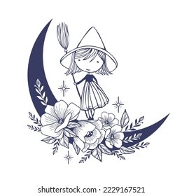 Set of Crescent moons with flower, Flower Moon, Floral magic celestial clipart, Blooming Moon with Stars and cute little witch.