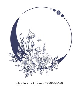Juego de lunas de Crescent con flor, Luna de Flor, Cíclalo celeste mágico floral, Luna de Florecimiento con Estrellas y cristales