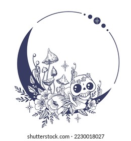 Set of Crescent moons with flower, Flower Moon and cute skull. Floral magic celestial clipart, Blooming Moon with Stars and mushrooms.