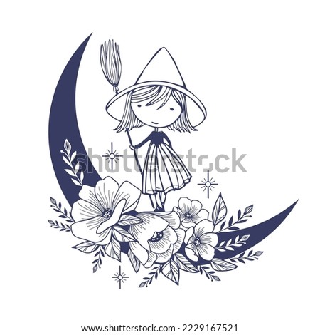 Set of Crescent moons with flower, Flower Moon, Floral magic celestial clipart, Blooming Moon with Stars and cute little witch.