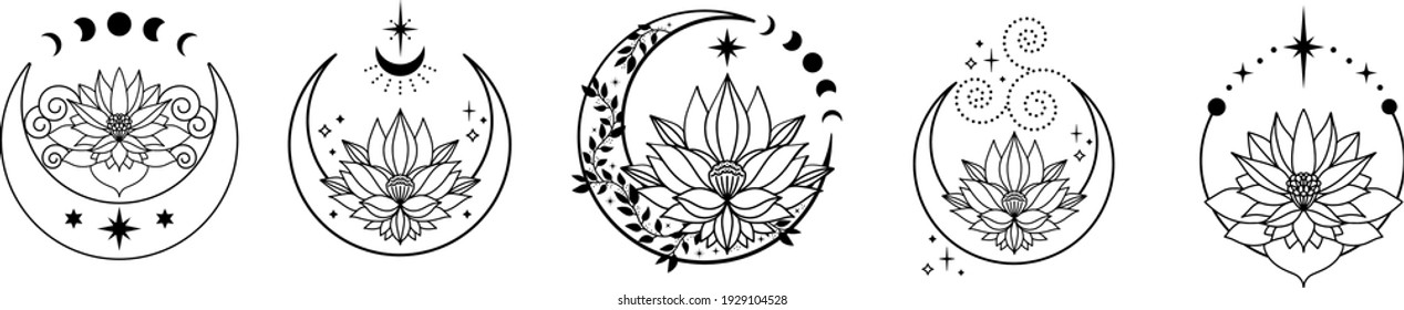 Set of Crescent moons with lotus flower, Flower Moon, Floral magic celestial clipart, Blooming Lotus Moon with Stars, Moon Phases