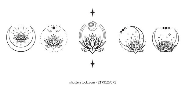 Set crescent moons lotus flower moon. Vector illustration