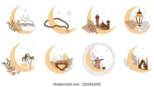 Set of crescents with Arabic symbols on white background. Concep