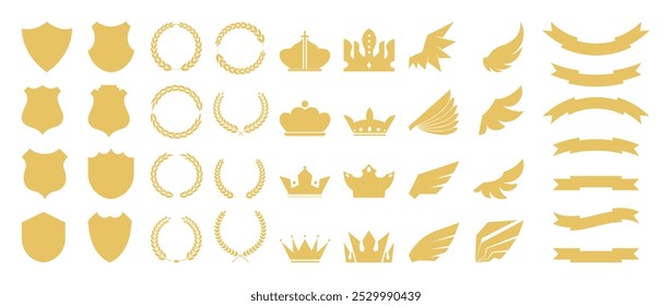 Set of Crests logo element vector. Heraldic, shield, ribbon, wing, vintage laurel wreaths, crown label and badges shape collections illustration for logo design, branding, product, packaging.