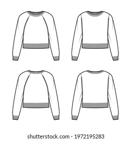 Set of crew neck cropped Sweater technical fashion illustration with long raglan sleeves, waist length, knit rib trim. Flat jumper apparel front, back, white color style. Women, men unisex CAD mockup