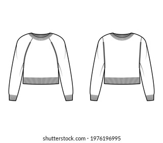 Set of crew neck cropped Sweaters technical fashion illustration with long raglan sleeves, waist length, knit rib trim. Flat jumper apparel front, white color style. Women, men unisex CAD mockup